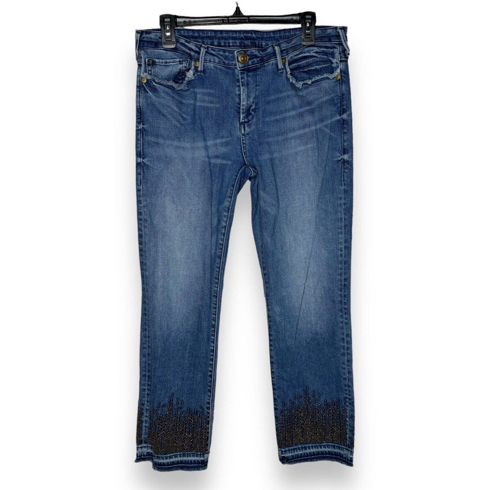 True Religion Size 32 Cora Mid Rise Straight Jeans Blue Studded Embellished Crop